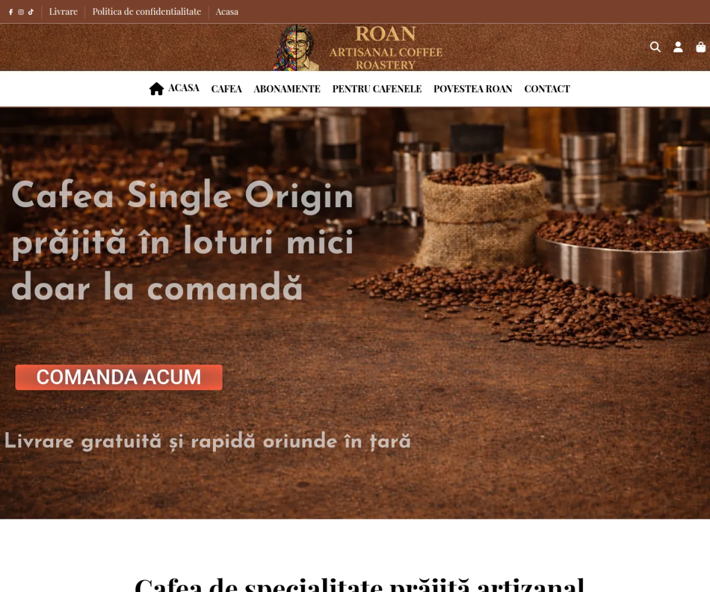 Captură a magazinului online Roan Coffee